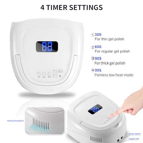 UV LED Nail Lamp,60W Professional Rechargeable UV LED Nail Dryer for Gel Nail Polish Dryer Fast Curing Lamp, 4 Timer Settings Gel Nail Lights for Auto Sensor Nail Machine (White)