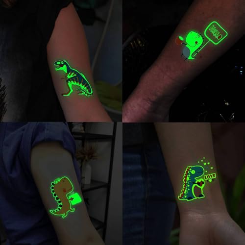15 Sheets Glow in The Dark Cartoon Dinosaur Temporary Tattoos For Kids Boys Girls Face Hands, Night Glowing Luminous Tattoo Stickers Dino Tatoos Children, Party Stocking Stuffer Goodie Bags Fillers