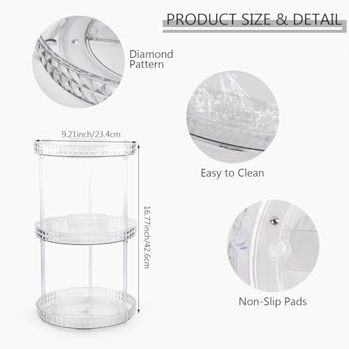 360 Clear Rotating Makeup Organize for Vanity,3 Tiers Lazy Susan with Diamond Pattern, Large-Capacity Skincare Organizers Cosmetic Display Case Organizer for Dresser (Clear White, 3Tiers)