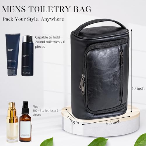 Mens Toiletry Bag, Upgraded Compact Dopp Kit for Men Travel, PU Leather Shaving Kit, Water-Resistant Minimalist Organizer with Wrist Strap, Fits Full-Size Essentials,Black