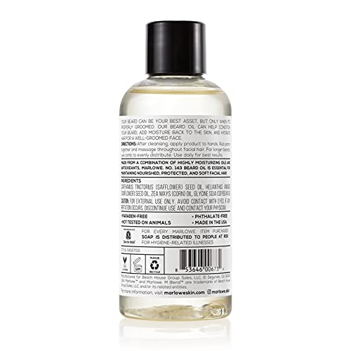 MARLOWE. No. 143 Beard Oil 3 oz, Conditioning Oil for Men, Softer & Fuller Beard Care, 100% Natural Softener with Sunflower & Safflower Oils, Conditions & Nourishes, Fragrance Free