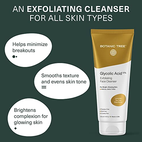 Glycolic Acid Face Wash, Exfoliating Facial Cleanser For Facial Skin Care, Acne Treatment Face Scrub, 10% Glycolic and Salicylic Acid 6 fl. oz - Botanic Tree (Pack of 2 - Buy 1 Get 1 Travel Size)