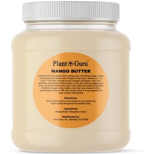 Plant Guru Raw Mango Butter 3 lbs. Bulk Jar - 100% Pure Natural Unrefined - Great for Skin, and Hair Growth. DIY Soap Making, Body Butters, Lotions and Creams.