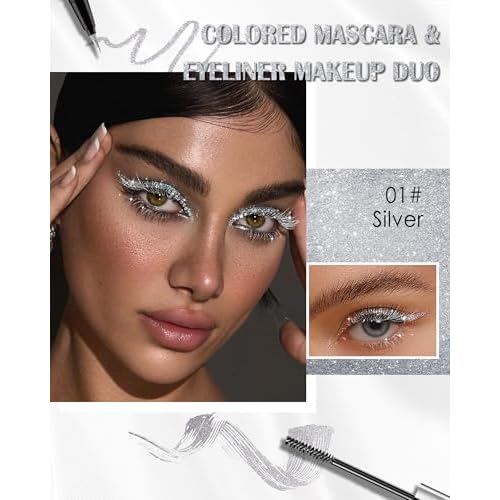 Silver Glitter Mascara + Eyeliner Pen Set, Shimmer Volume Colorful Mascara, Sparkling Liquid Eyeliner, Waterproof, High-Pigmented, All-Day Wear Shine Eye Makeup for Dazzling Looks