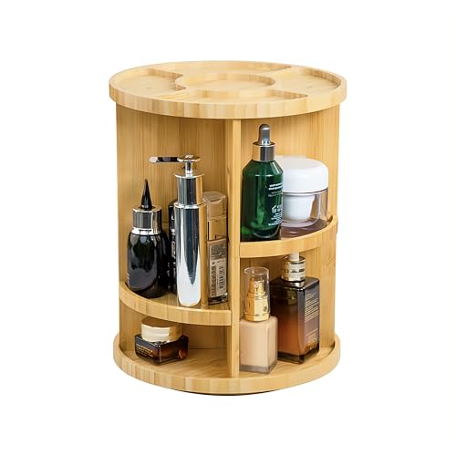 VVW Rotating Bamboo Makeup Organizer,360 Degree Spinning Adjustable Bamboo Vanity Makeup Holder Rack,Large Capacity Cosmetics Storage Display Box,Fits Makeup,Skincare,Cologne (Beige1)