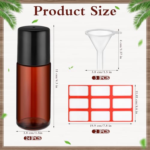 Sumind 24 Essential Oil Roller Bottles Glass Deodorant Bottle Roller Ball Container Empty Refillable Rollerball Bottle with Plastic Balls, Funnel and Sticker (50 ml,Brown)