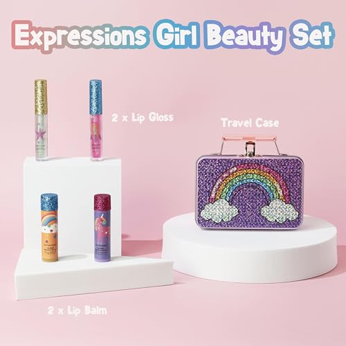 5pc Rainbow Rhinestones Cosmetics Lip Kit For Kids w/Lip Glosses, Lip Balms & Tin Box Storage Case "Magical" Lip Set,Washable + Non Toxic
