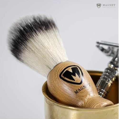 MAGNET Magnetic Shaving Brush for Face and Beard, Wood Handle with a Metal Plate for hanging dry upside down, a Brush Stand Free