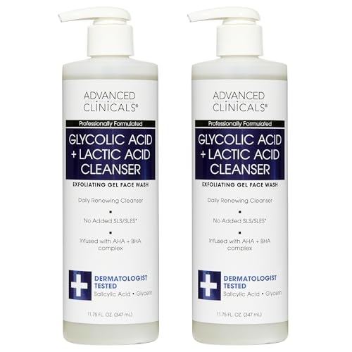 Advanced Clinicals Glycolic Acid Exfoliating Face Wash For Women & Men | Lactic Acid & Salicylic Acid Facial Cleanser | Glycerin Gel Gleanser Helps Gently Exfoliate & Cleanse Dirt & Oil, 2-Pack