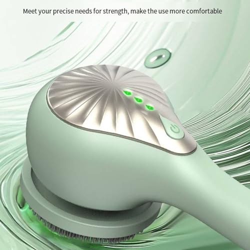 Rechargeable Electric Back Scrubber Body Brush with 3 Gears Multifunctional Shower Bathing Tool, Detachable Long Handle & 6 Brush Heads for Complete Shower Use - Light Green