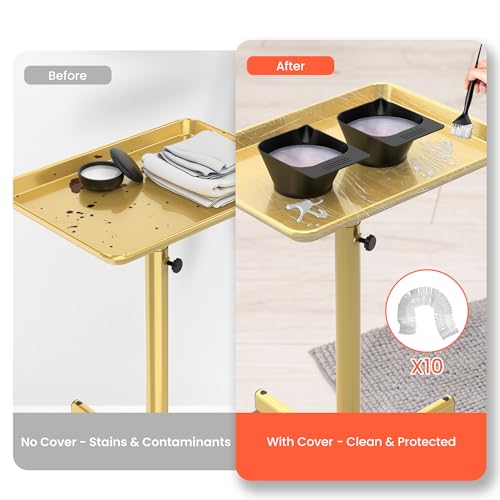 TASALON Rolling Salon Cart, Mobile Styling Station with Wheels Aluminum Rolling Tray Trolley for Salon Essentials, Adjustable Heightfor Hairstylist Tray with 10 PCS Disposable Salon Tray Cover,Gold