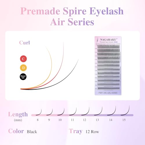 NAGARAKU Premade Spire Eyelash Extensions Air Series Feather Shape Manga Anime Individual Lashes Volume Soft Black Flat Root Spikes Fans Eyelashes DIY Clusters Lash Salon -0.07 D Curl 8-15mm Mix