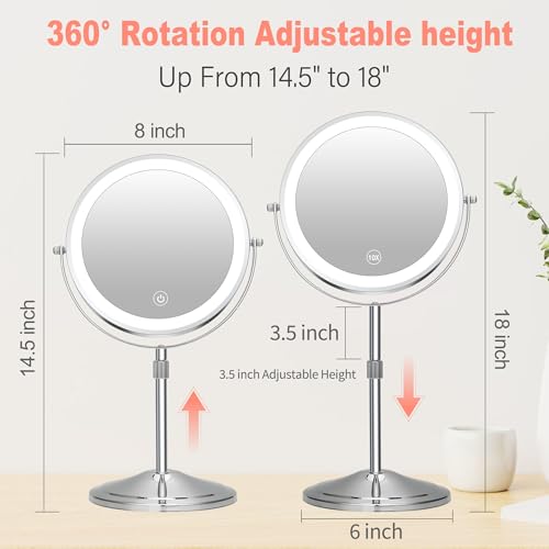 Lighted Makeup Mirror with Magnification, 10X 8¡¯¡¯Rechargeable Double Sided Vanity Mirror with Lights Magnifying Makeup Mirror with 3 Color Light with 360¡Æ Rotation, Detachable Base