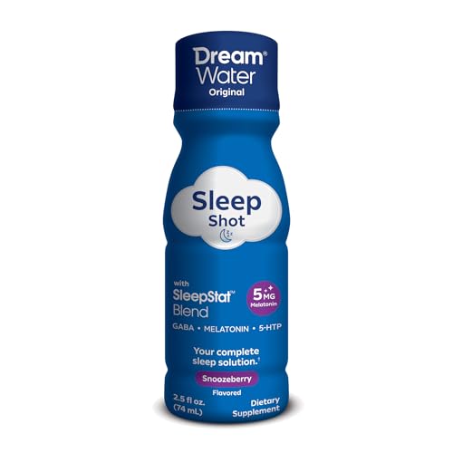 Dream Water Sleep Aid Supplement Drink; Melatonin 5mg, GABA, 5-HTP; Zero Sugar, Natural Flavors, No Added Colors, 2.5 oz Liquid Sleep Shots, Snoozeberry, 4-Count