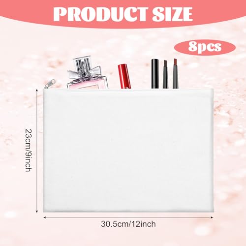 8 Pcs Canvas Zipper Pouch, 12x9'' Large Cosmetic Bags With Zipper, White, Multi-Purpose Travel Toiletry Makeup Bag