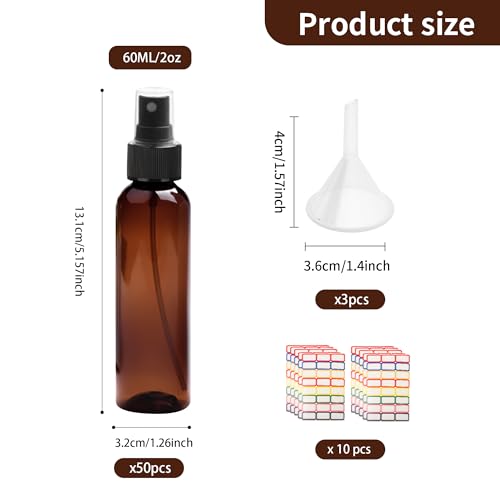 50 Pack 2oz Amber Spray Bottles Plastic, Fine Mist Small Spray Bottles Bulk, Empty Plastic Amber Sprays Bottle Reusable for Cosmetic with 3 Funnel, 10 Labels