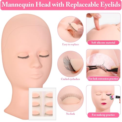 Lash Extension Practice Kit, Eyelash Extension Training Kit for Beginners, Professional Eyelash Mannequin Head Set with Lash Fan, Lash Shampoo, Glue Rings and Lash Mirror (Lashes Kit-with eye)