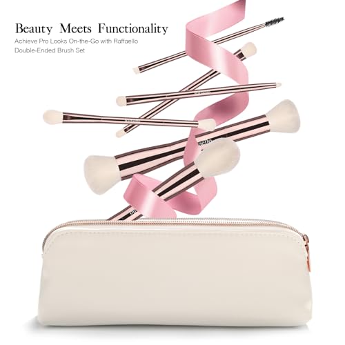 Raffaello 6-in-12 Dual-Ended Makeup Brushes Set, Sustainable Rose Gold Brushes with Recycled Materials, Includes White Faux Leather Pouch, Professional Face & Eye Makeup Kit for Travel and Daily Use
