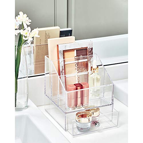 iDesign Clarity Cosmetic Palette Organizer with Drawer for Vanity or Cabinet to Hold Makeup, Beauty Products, Hair Accessories - 3 Compartments - Clear