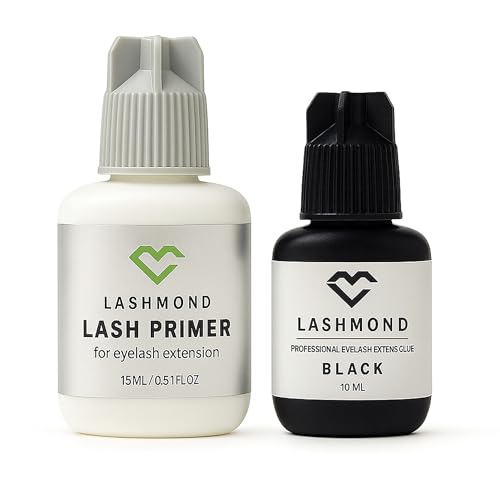 Eyelash Extension Glue & Primer Set ? Professional Black Lash Adhesive (10ml, 2-3s Drying, 6-8 Weeks Retention) + Lash Primer (15ml) for Lash Artists & Beginners