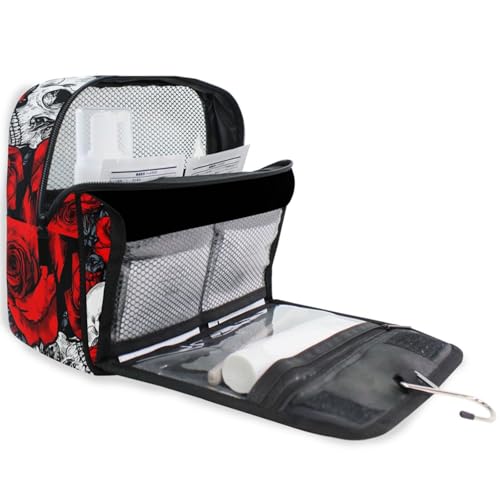 Hanging Toiletry Bag for Women Red Rose Flower Skull Makeup Bag Travel Essentials Toiletries Organizer Bag Floral Skeleton Cosmetic Bag Foldable