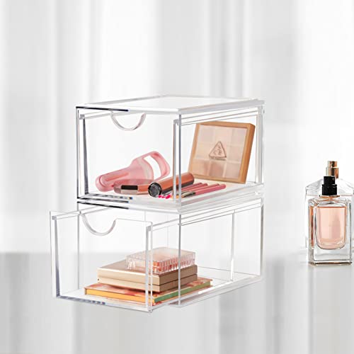 2 Pack Makeup Organizers, 360 Degree Rotating Plus Stackable Organizer Drawers, Large Capacity Clear Cosmetic Storage for Skin Care, Makeup Brushes, Hair Accessories, Lipsticks, Bathroom, Countertop