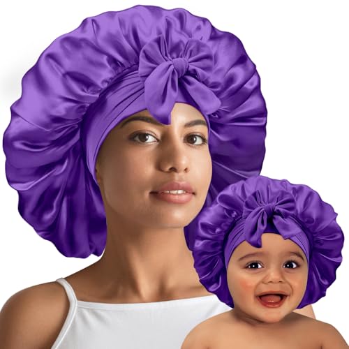 2 PCS Mommy and Me Bonnet Set, Silk and Satin Bonnets for Sleeping with Elastic Tie Band, Adjustable Hair Bonnets for Women, Girls, Kids and Toddlers (Dark Purple)