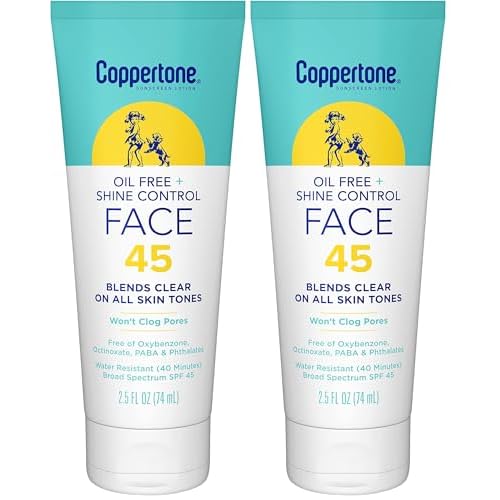 Coppertone Oil Free + Shine Control Sunscreen Face Lotion SPF 45,Lightweight Sunscreen for All Skin Tones,Won't Clog Pores,Fragrance Free,2.5 Fl Oz Tube,(Pack of 2)