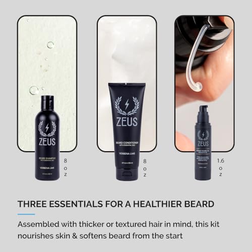 ZEUS Beard Care Starter Kit for Men, Natural Shampoo, Conditioner & Refined Oil, Soften, Hydrate & Strengthen Thick Facial Hair (Made in USA) Vanilla Rum