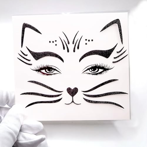 2 Pack Halloween Cat Temporary Tattoos - Glitter Halloween Face & Body Stickers for Women, Realistic Animal Skin Decals for Cosplay, Makeup & Festive Looks (4-black cat)