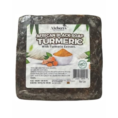 Aleheri's African Black Soap Turmeric 16 oz - 100% All Natural, Raw Ingredients, From Ghana. For All Skin Types, Helps Rejuvenate, Aids Against Dark Spots, Eczema, Stretch Marks on Face & Body