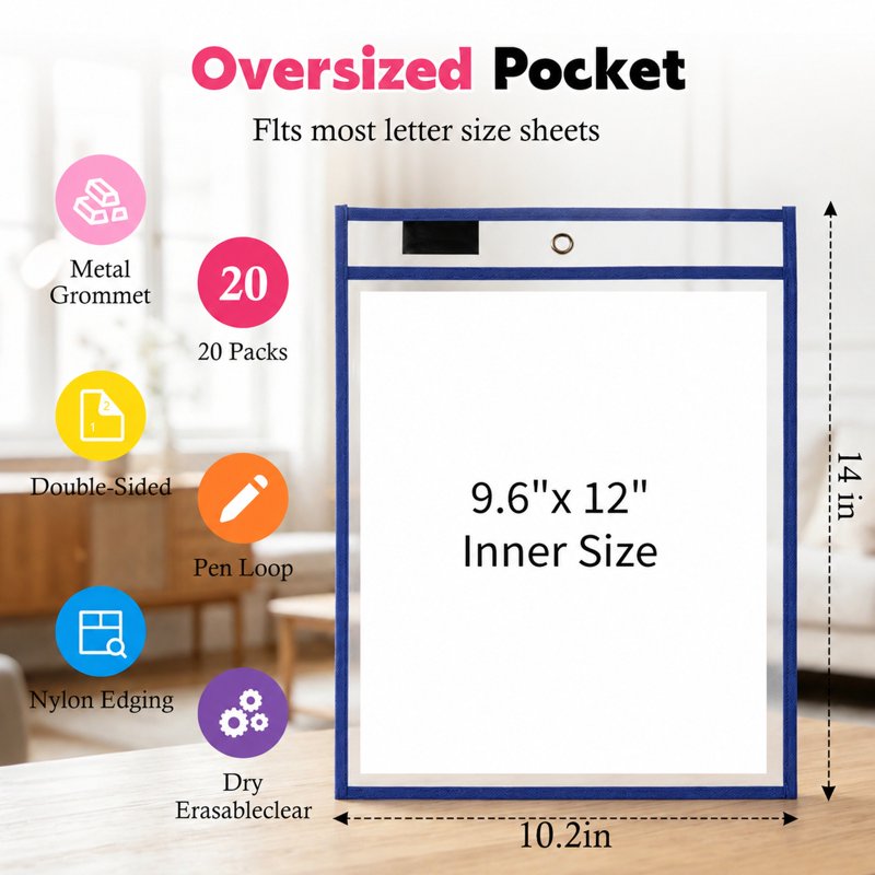20 Pack Clear Dry Erase Pocket Sleeves with Rings 10x14 inch Classroom Organizer
