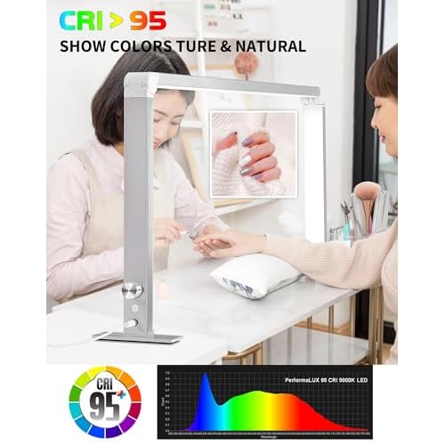 Foldable Half Moon Light for Nail Desk, 48W Square Nail Table Lamp, 33in LED Desk Lamp with Knob, 3 Modes 3000-6000K Dimmable (Silver)