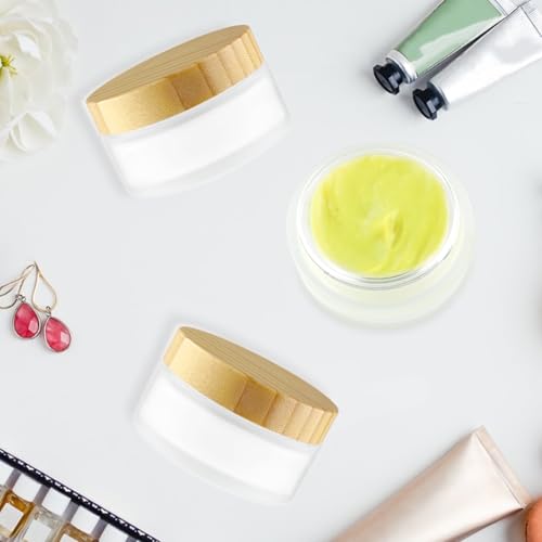 4 Pcs 100g/3.4oz Cosmetic Containers Frosted Glass Jar Empty Sample Jars with Bamboo Lids for Cream Lotion Lip Balm Makeup