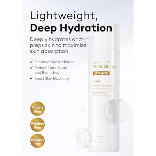 MISSHA Cell Renew Snail Mucin Vitamin C Toner 5.07 Fl oz - Korean Skincare Facial Toner for Glass Skin, 90% Snail Mucin Vita Complex, Deep Hydration, Improves Skin Texture, Paraben Free