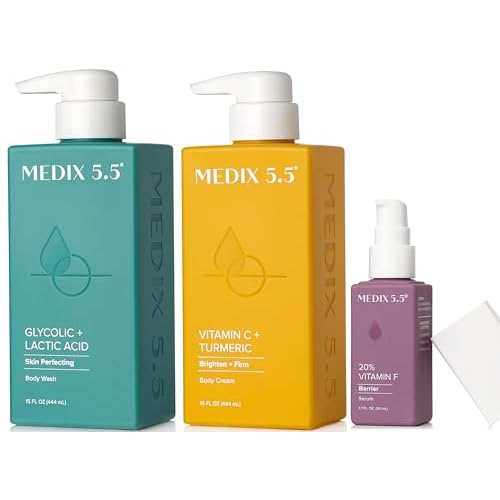 Medix 5.5 Anti Aging Skin Care 3PC Set | Vitamin C Body Cream + Exfoliating AHA Glycolic Acid Foaming Face & Body Wash + Vitamin F Booster Serum, Wash + Treat + Hydrate Skincare Set