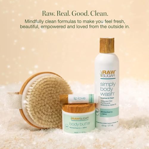Raw Sugar Body Bliss Gift Set, Winterberry + Mint, Body Wash 6 fl oz, Body Butter 2.3 oz, Lip Balm and Body Brush