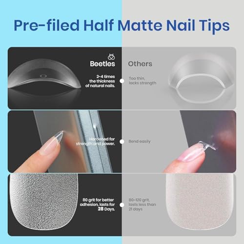 Beetles Gel Nail Kit Amond Shape - 504Pcs Gel Nail Kit Easy Extension Set Etch X Nail Tips Short Almond Half Matte Nail Tips 9 in 1 Glue Uv Led Light Gift for Women