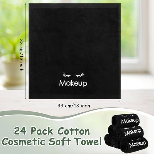 Shimeyao 13x13 Inch Black Makeup Towels Bulk Reusable Makeup Washcloths for Face Facial Remover Washcloths Absorbent Cotton Towel for Salon Spa Women Skin Care(24 Pcs,Classic)