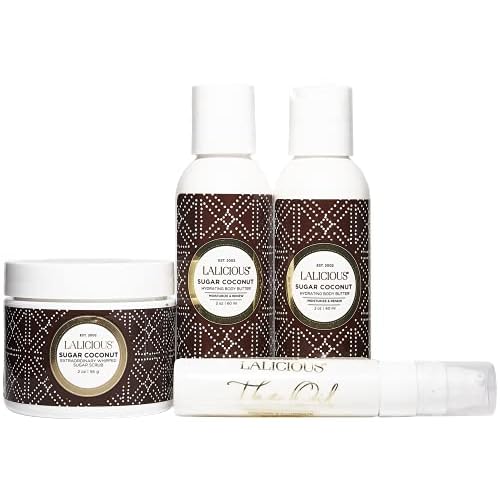 LaLicious Sugar Coconut Travel Set - Whipped Sugar Scrub, Shower Gel/Bubble Bath, Body Butter & Body Oil in a Luxe Velour Makeup Bag (4 Piece Kit)
