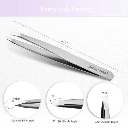 Tweezers for Women Facial Hair, Slanted Eyebrow Tweezers for Plucking Ingrown Hair, Precision Tip Stainless Steel Hair Removal Tool, Includes Travel Case