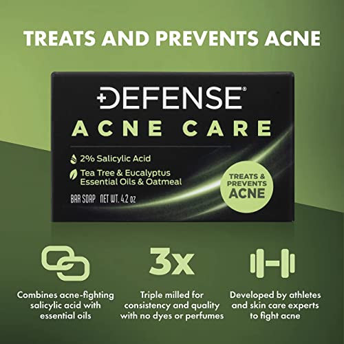 Defense Acne Care Bar Soap 4.2oz 2% Salicylic Acid & Liquid Foaming Face & Hand Soap 7.5 Fl Oz with Tea Tree, Eucalyptus, Jojoba, Aloe Vera, Olive & Coconut Oils