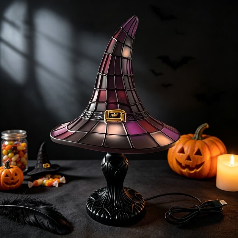 Gothic Witch Hat Lamp - Stained Glass Halloween Night Light - Vintage Resin Table Lamp for Home