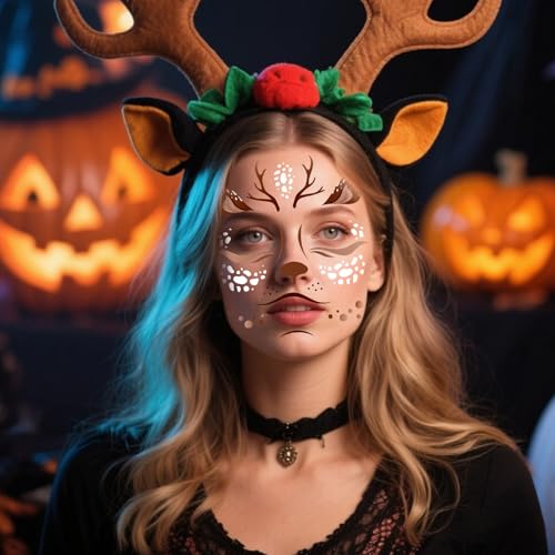 HOWAF 6 Sheets Halloween Deer Full Face Tattoos, Reindeer Face Stickers for Adults Man or Women Halloween Deer Costume Accessories, Elk Face Decals Fawn Horn Temporary Tattoos