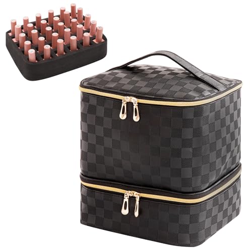 Nail Polish Organizer Bag with Handles - Holds 30 Bottles (15ml - 0.5 fl.oz)£¬Travel Case Portable Storage Bag for Manicure Set (Checkered Black)