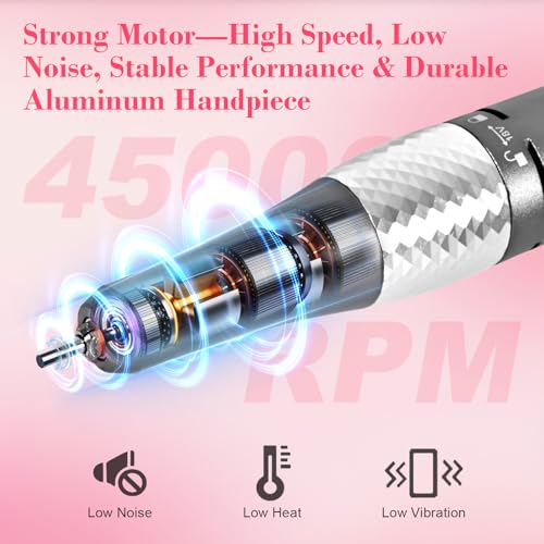 Premium Professional Electric Nail Drill & File Kit ? 45,000 RPM High-Speed Handpiece with LCD Display, 7 Versatile Bits, Low Noise & Heat, Perfect for Salon & Home Use(White)