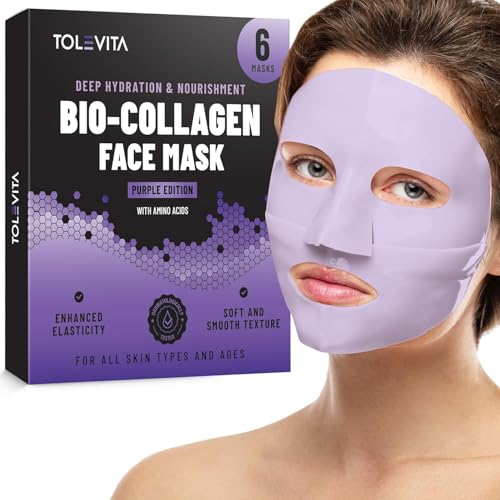 Bio-Collagen Overnight Face Mask ? Hydrating & Nourishing Sheet Mask with Niacinamide, Galactomyces & Hyaluronic Acid ? 6 Pack, Improves Elasticity & Softens Skin, For All Skin Types (Purple)