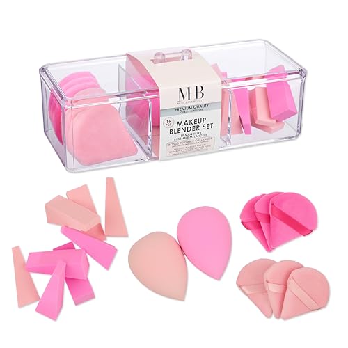 16pc Makeup Blender Set - Pink Makeup Sponges & Beauty Essentials Organizer | Assorted Beauty Blenders, Makeup Sponges and Wedges For Flawless Makeup Application