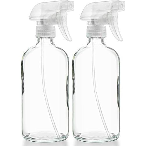 Sally's Organics¢ç Empty Clear Glass Spray Bottles - Refillable 16 oz Containers for Essential Oils, Cleaning Products, Aromatherapy, Misting Plants, or Cooking - Sprayer with Mist and Stream - 2 Pack