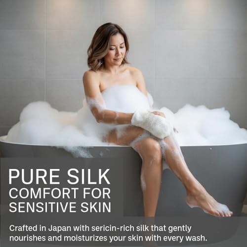 aisen Japan - Handmade Silk Exfoliating Glove with Sericin, Ultra-Gentle Body Wash Mitt for Sensitive Skin, Moisturizing Raw Silk Shower Scrubber, Made in Japan Luxury Bath Gift for Women
